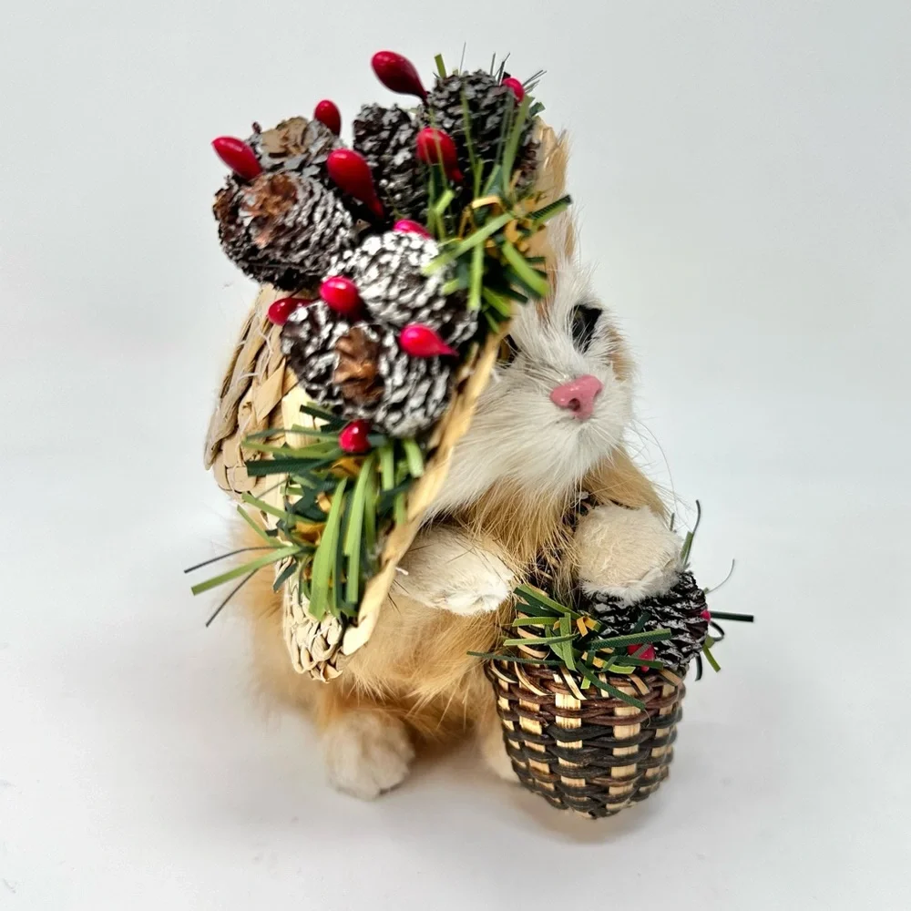 Vintage Miniature Real Fur Cat Figurine with Christmas Hat & Basket Buff White